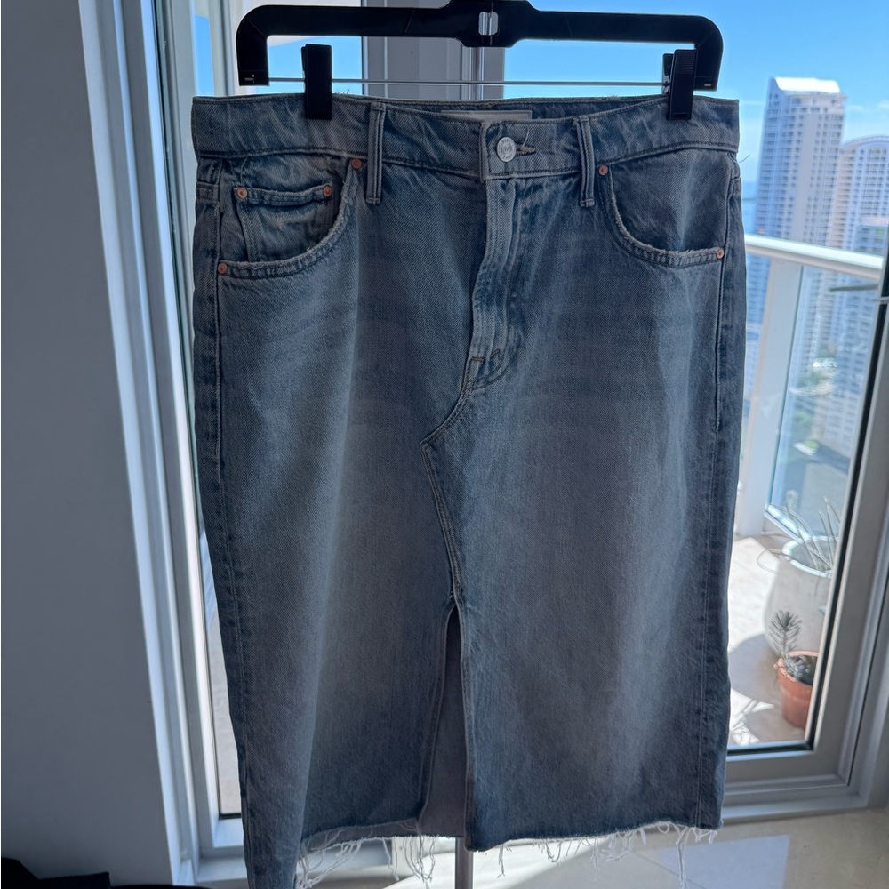 Mother The Ditcher Midi Blue Denim Skirt Fray